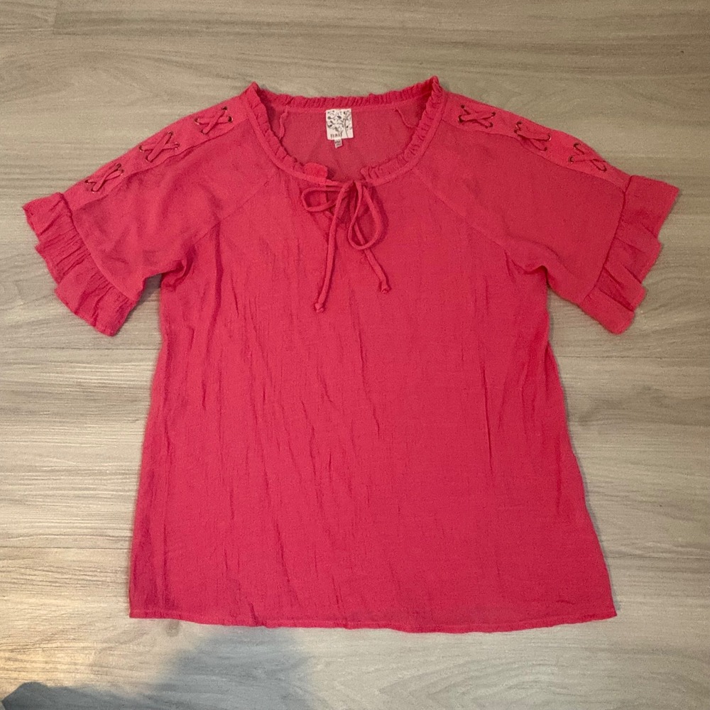 Naif Petite Blouse Women Pink Lace Up Ruffle Sleeve Peasant Top Size PXL